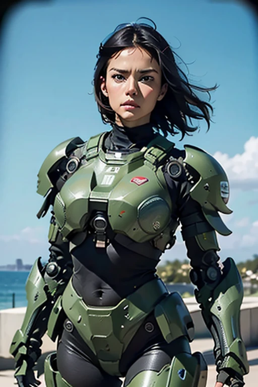 A still from a film showing a female mech pilot standing in front of her (Large combat mech:1.3), Sci-Fi Armor, military base, Strong winds, Sci-fi helmet in hand, visor, Detailed eyes, dry skin, Skin fuzz, Visible skin hair, Skin blemishes ,, Shallow depth of field, Vignette, Very detailed, big budget hollywood movie, Bokeh, CinemaScope, Sulky, amazing, nice, Film Grain