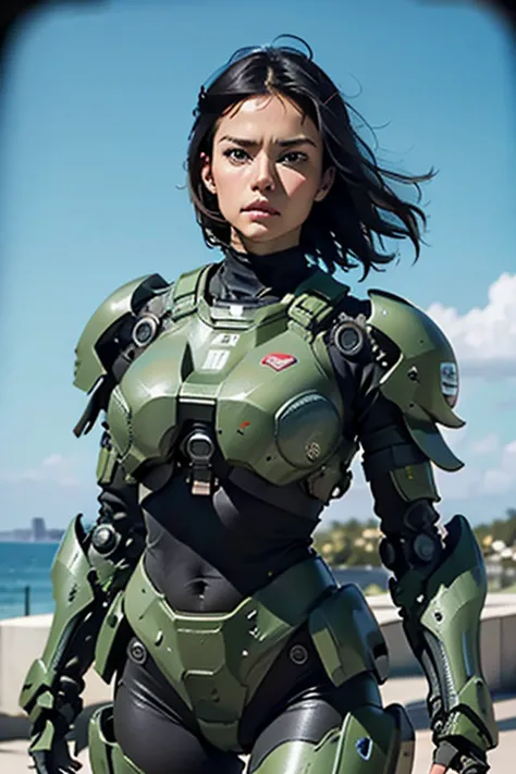 a still from a film showing a female mech pilot standing in front of her (large combat mech:1.3), sci-fi armor, military base, s...