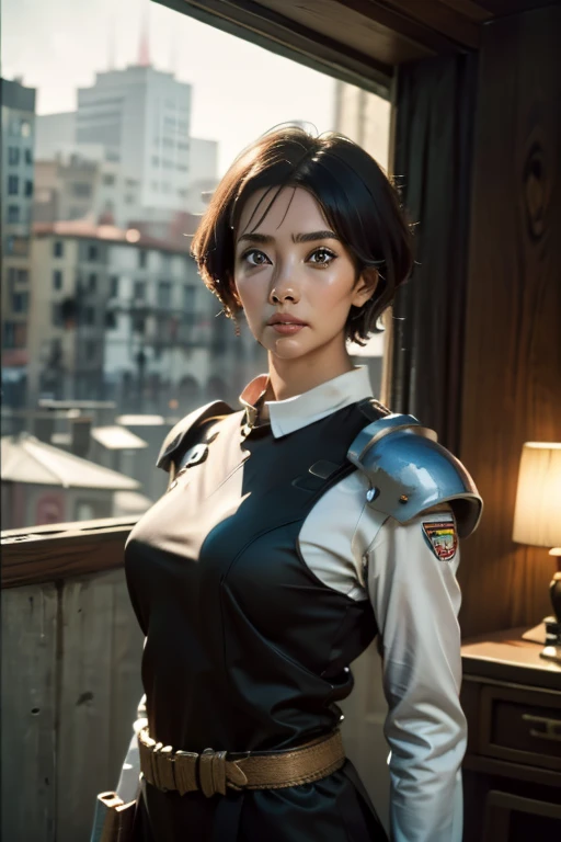 A still from a film showing a female mech pilot standing in front of her (Large combat mech:1.3), Sci-Fi Armor, military base, Strong winds, Sci-fi helmet in hand, visor, Detailed eyes, dry skin, Skin fuzz, Visible skin hair, Skin blemishes ,, Shallow depth of field, Vignette, Very detailed, big budget hollywood movie, Bokeh, CinemaScope, Sulky, amazing, nice, Film Grain