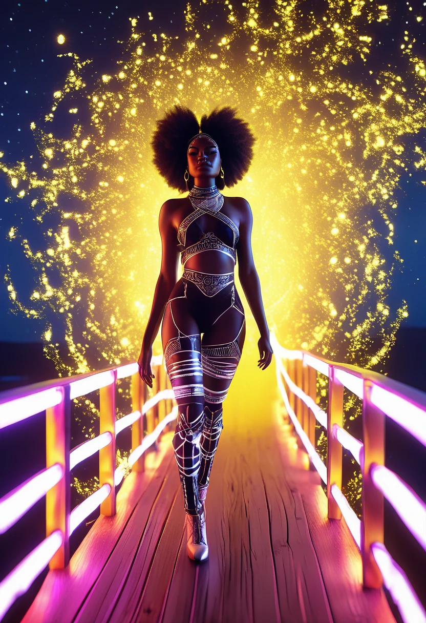 Uma mulher negra vestida com roupas de algodão de desenho africano e salto alto, andando em uma ponte flutuante de madeira no espaço sideral, ponte iluminada por luzes de néon amarelas, a ponte que conecta a um portal do planeta branco, lindas estrelas iluminadas por neon brilhando partículas de luz iridescentes na cena, 32 mil, ultra HD,  mecanismo irreal renderizado, cena bonita e vibrante. filme cinematográfico ainda, filmado no v-raptor XL, grão de filme, vinheta, Classificação por cores, pós-processado, iluminação cinematográfica, Filme 35mm, ao vivo, melhor qualidade, atmosférico, Uma obra-prima, épico, esplêndido, dramático