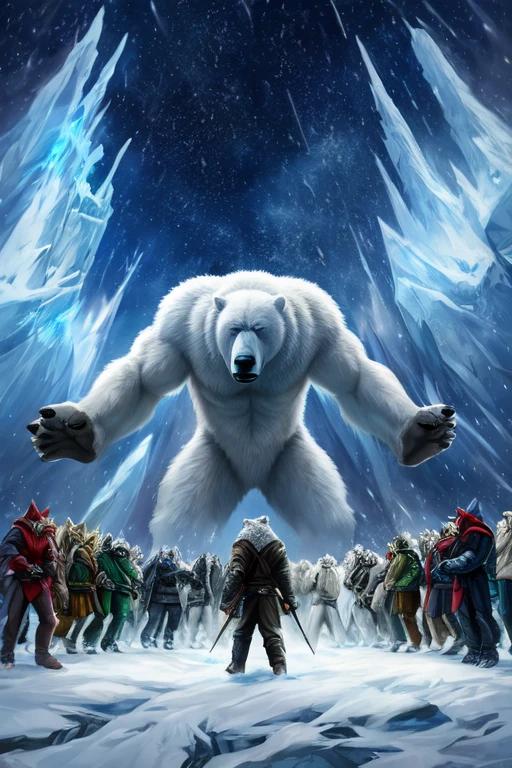 (((There is a group of forty-nine polar bears in this image, just white fur, furious, Sauvage, aggressive, extinto  Sauvage ))) 49 Polar bear stands looking at the sky Medium muscular, frozen planet setting, snowstorm , zoomed in on crotch, , chunie, darkgem, martepiece, dynamic photography.masterpiece, dynamic photography, Film image, cena de batalha.