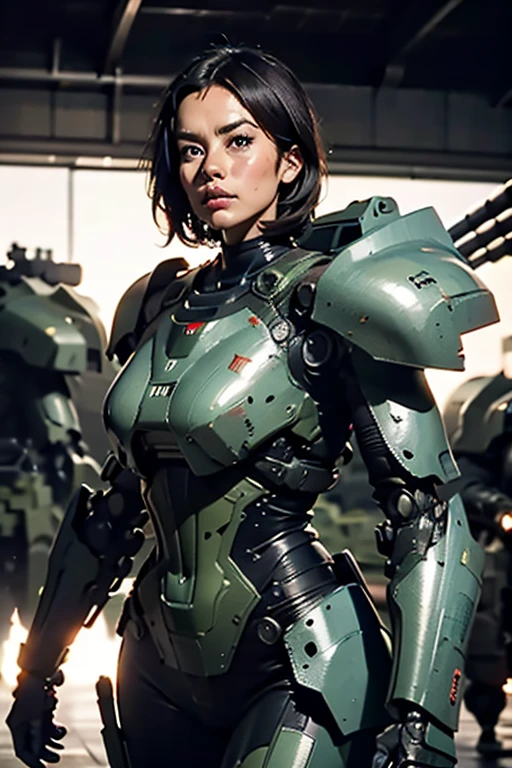 A still from a film showing a female mech pilot standing in front of her (Large combat mech:1.3), Sci-Fi Armor, military base, Strong winds, Sci-fi helmet in hand, visor, Detailed eyes, dry skin, Skin fuzz, Visible skin hair, Skin blemishes ,, Shallow depth of field, Vignette, Very detailed, big budget hollywood movie, Bokeh, CinemaScope, Sulky, amazing, nice, Film Grain