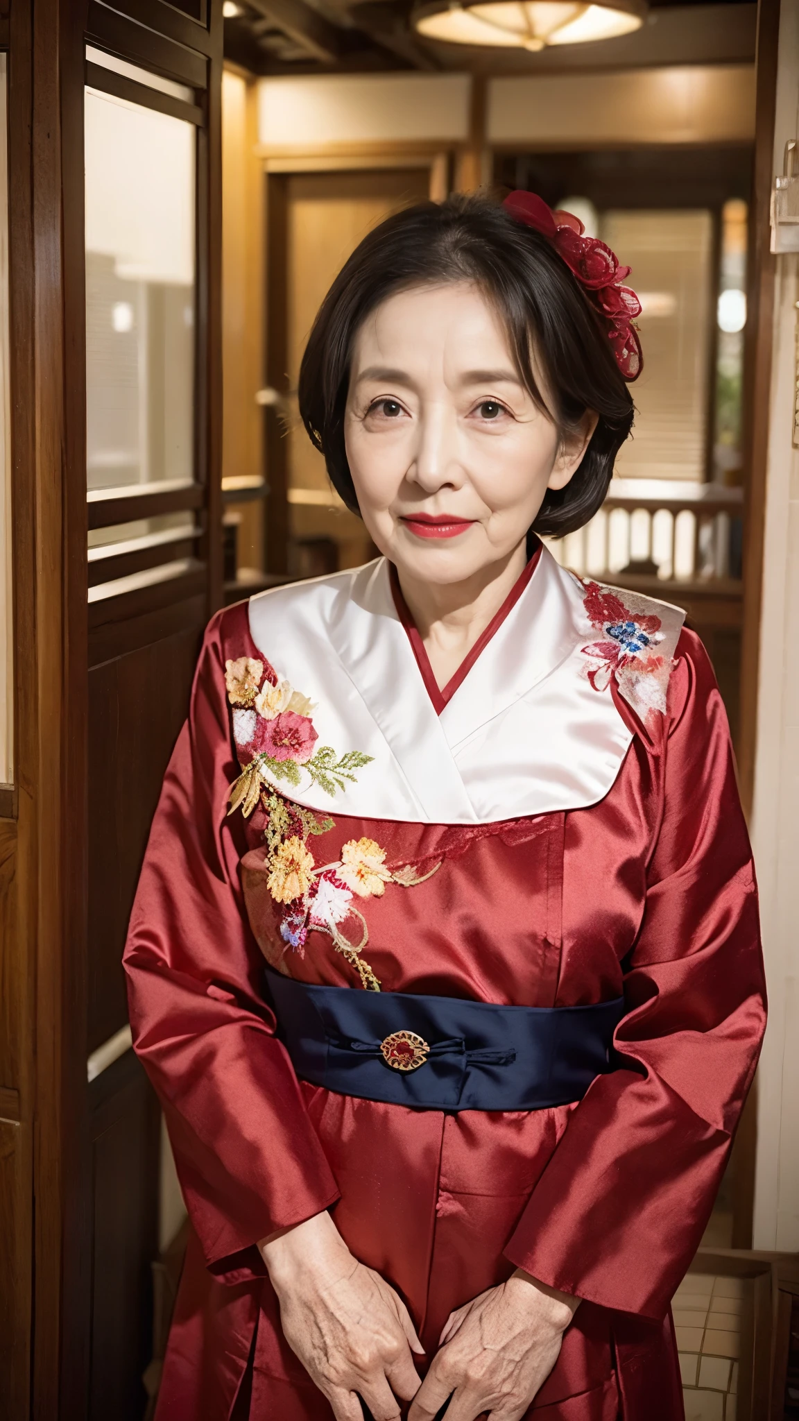 Belle femme mûre、femme de 60 ans、Instantanés、lèvres rouges, ((Lèvres fines)), Hanbok、lumière de face,
