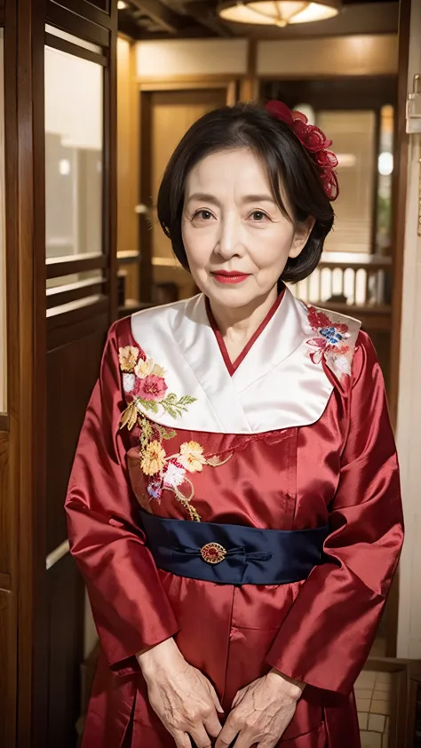 beautiful mature woman、60-year-old woman、snapshots、red lips, ((thin lips)), hanbok、light from the front,