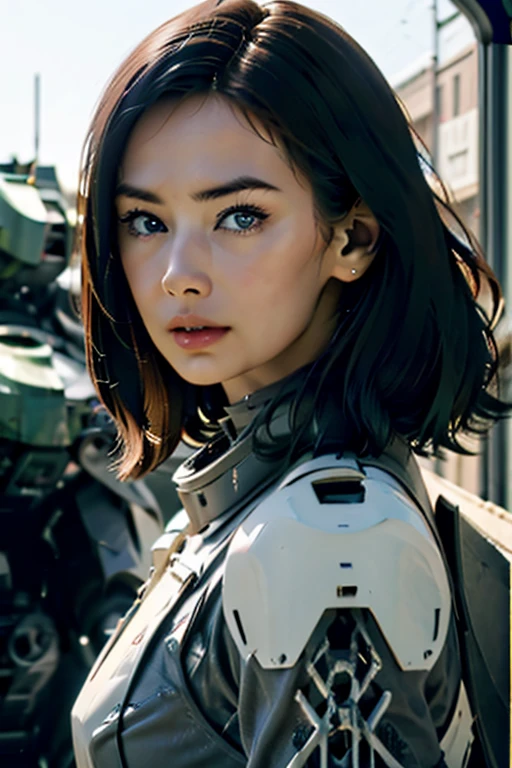 A still from a film showing a female mech pilot standing in front of her (Large combat mech:1.3), Sci-Fi Armor, military base, Strong winds, Sci-fi helmet in hand, visor, Detailed eyes, dry skin, Skin fuzz, Visible skin hair, Skin blemishes ,, Shallow depth of field, Vignette, Very detailed, big budget hollywood movie, Bokeh, CinemaScope, Sulky, amazing, nice, Film Grain