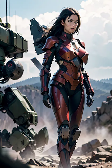 a still from a film showing a female mech pilot standing in front of her (large combat mech:1.3), sci-fi armor, military base, s...