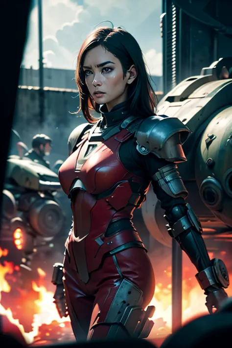 a still from a film showing a female mech pilot standing in front of her (large combat mech:1.3), sci-fi armor, military base, s...