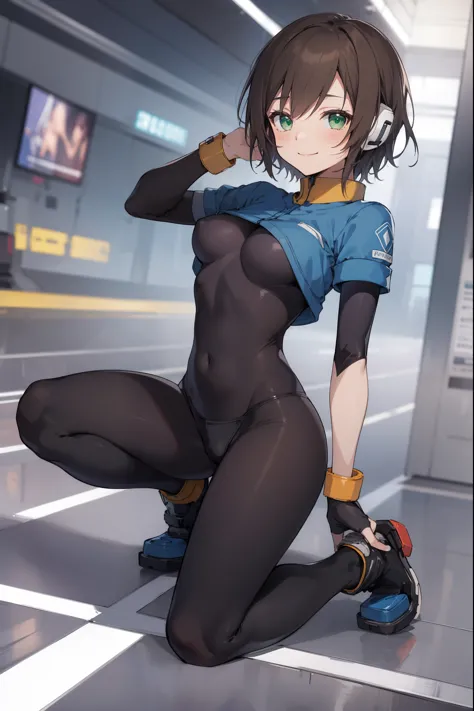 aile_megamanzx, kneeling with one hand on the ground and the other arm raised, 1girl, solo, short hair, brown hair, short sleeve...