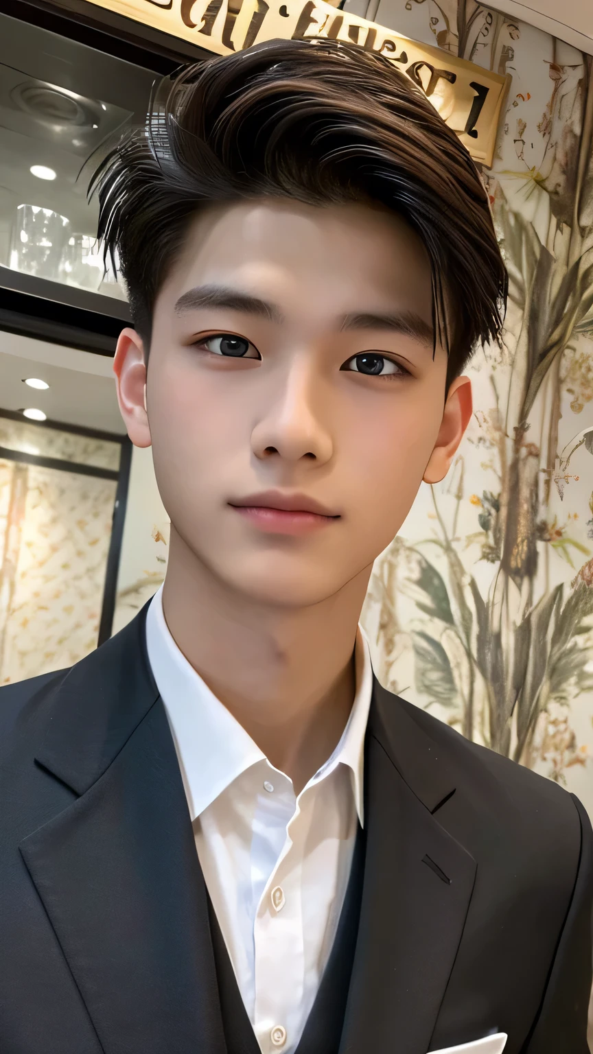 Highest quality, masterpiece, Ultra-high resolution, (Realistic: 1.4), Original photo, wallpaper, Head Photo, skin, Simple Background, Iris, detailed, Selfie, 1 boy, 18-year-old, good looking, Wind,suit、restaurant