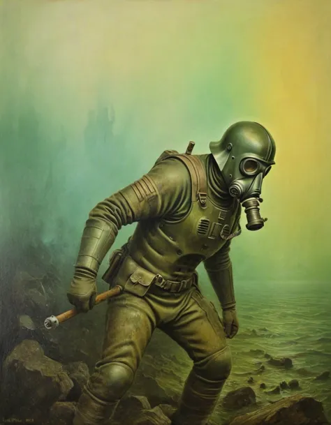 plaguemarine with gas mask and armor, green mist, fog, smoke, slime, sandbags, rainbow, brutalist, (hieronymus bosch,leonor fini...