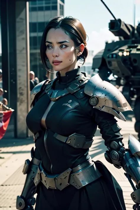 a still from a film showing a female mech pilot standing in front of her (large combat mech:1.3), sci-fi armor, military base, s...