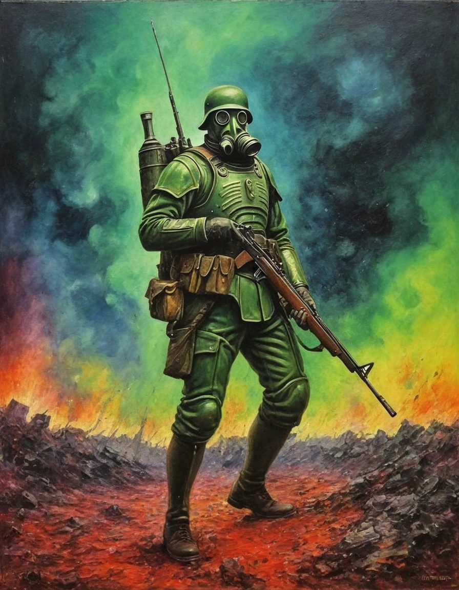 a plaguemarine ww1ger with gas mask and armor, holding rifle, explosions, green mist, fog, smoke, slime, Field telephones, Dawn, , (Emile Nolde,Giorgio de Chirico,Unica Zurn:1.25),  Chains, Shattered, (Triadic:1.1), (Color Theory:1.1),  (Scumbling:1.1), (Harsh noon light:1.2), Scales, Spiral, ultra detailed, intricate, oil on canvas, dry brush, (surrealism:1.1), (disturbing:1.1) 