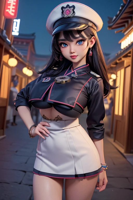 ((masterpiece, best quality, perfect eyes, perfect face, perfect anatomy, perfect lighting ((feudal Korean village)), ((Busty Bitches)), 1girl(1 teen))) ecchi chibi girl(cute face, police uniform,  bracelets, tattoo of Korean characters, colourful jewellery, dark magic), (Night street in Asian village, mystical evil)