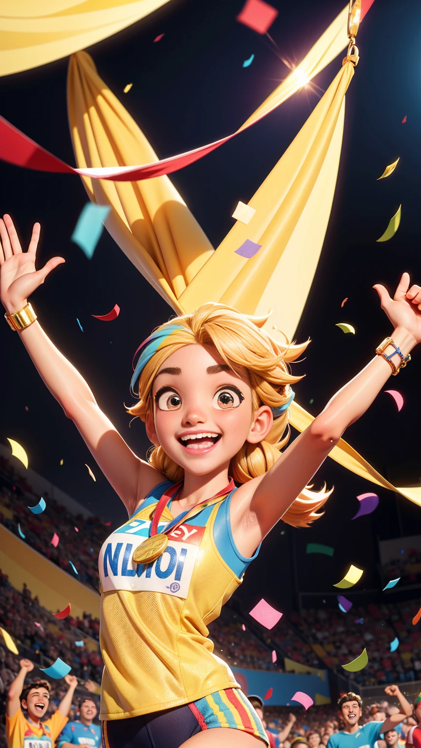 A 3D Disney Pixar-style animation image showing a marathon runner joyfully wearing a gold medal around their neck. The athlete should be celebrating with a big smile, arms raised in victory, and confetti falling around. The background should be bright and colorful, capturing the excitement and triumph of winning.