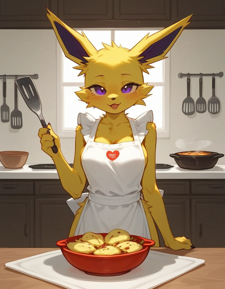 alone, score_9,score_8_up,score_7_up, anthro female jolteon, wearing cooking apron, in kitchen, serving food.