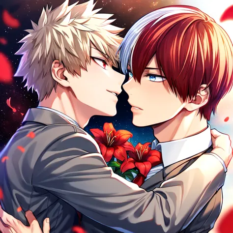 absurdres, highres, ultra detailed, HDR, master piece, Todoroki Shouto, bicolor hair, right side of hair is red, left side of ha...