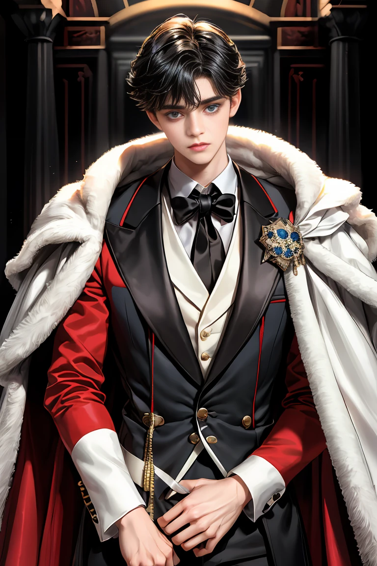 
masterpiece, 最high quality, high quality, 1 boy, alone, Male focus, Watching the audience,  Messy black hair, Adorable big blue eyes, White, Noble, Noble,A sexy, voluminous, puffy cape、tuxedo、A very voluminous, large, very large, very large, long, long red and black cape with a high stand-up collar, made of a lot of fabric that reaches down to the floor., 17 years old,Cute beautiful boys,Cute, cute, kind, handsome guy