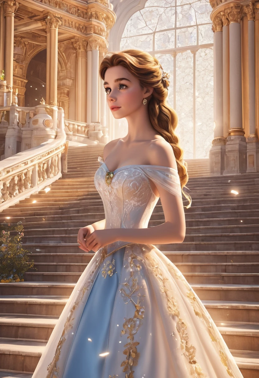 Animation, (1 girl: 1.3, Belle from Beauty and the Beast_Beautiful appearance, Delicate dress description: 1.3), Body made of light, Close-up angle of upper body from front angle, Best quality, Highly detailed photo, Best quality, Ultra high resolution, Sunlight, Full body portrait, Delicate face, Lively delicate eyes, (Front), Fluorescent white and gold, Detailed face, Detailed complex background standing on the steps of the magnificent palace, Very cool, 8K Ultra HD, SLR camera, High quality, White skin, Photorealism, Transparent light particles,