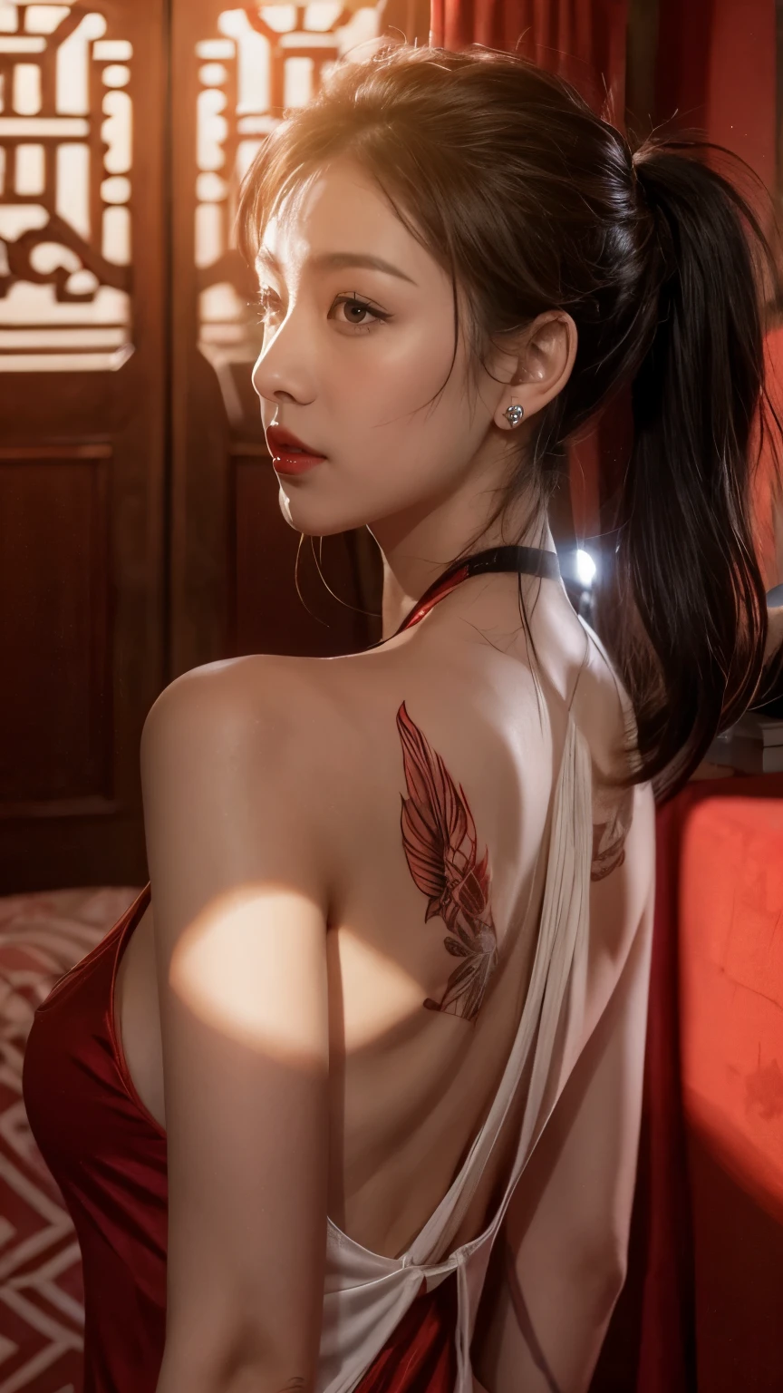 1girl,solo,tattoo,natural big breast, red bed,red eyes,black hair,chinese clothes,red dress,dress,looking at viewer, earrings,jewelry,arm tattoo, back tattoo, making her appear powerful and confident, china dress,red lips,bangs,clothing cutout,red theme,lips, (disgust:1.3)