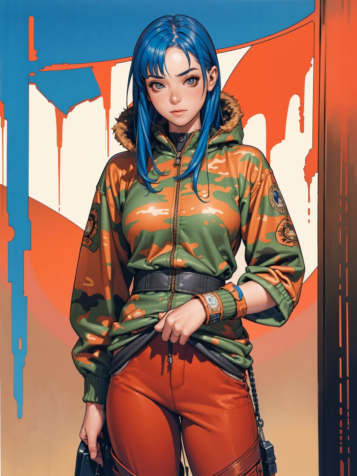 (best qualityer))), (((manga strokes))), (((blue hair with red highlights))), (((wide-leg pants with desert camouflage print))), uma Kizi jovem muito bem vestida com roupas modernas de verão, paintball camouflage pattern pants, top with vertical stripes, short jacket with fur hood, beautiful and expressive face, slightly-smile, big eyes with long black eyelashes, heavy make-up, chains and zippers spread across clothes, contrasting colours, pose de atitude, hair with a modern and futuristic cut, urban game poster art, dramatic camera angles, graffiti art elements in the background, design mixing contemporary and retro by Shepard Fairey, (((cowboy shot))), (((best qualityer: 1.4))), (Unbeatable masterpiece), (hiper HD),(CG 8k hyper-realistic), Kizi, (((standing alone))), pirralha violent, (((14歳))), sexly, pose de atitude, work of art, post-apocalypse, (((manga style))), bounty hunter, violent, Manic, the way you want, slenderbody, thin but strong, perfectbody, roupa moderna, advanced technology, neon, sleeves with vertical striped pattern, neutral background, (( cowboy shot )). intricate visual