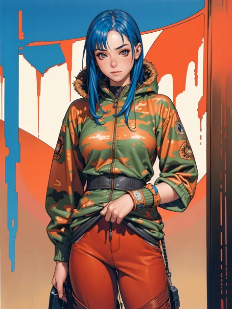 (best qualityer))), (((manga strokes))), (((blue hair with red highlights))), (((wide-leg pants with desert camouflage print))),...