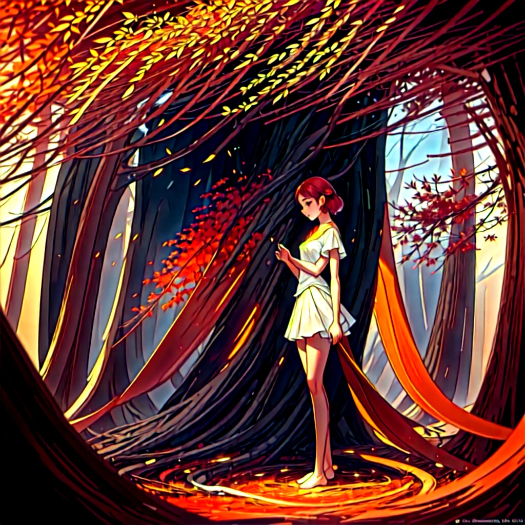 An ethereal figure stands amidst a backdrop of fiery reds and deep purples, with a single tree standing tall in the center of the painting. The figure appears to be made of light, with delicate wings spread wide and a gentle gaze fixed on the tree. The leaves of the tree glow with a soft inner light, casting a warm glow across the entire scene. There is a sense of movement and change in the air, as if something momentous is about to occur. The colors and textures of the painting come together to create a dreamlike atmosphere, full of mystery and wonder. BREAK lineart 