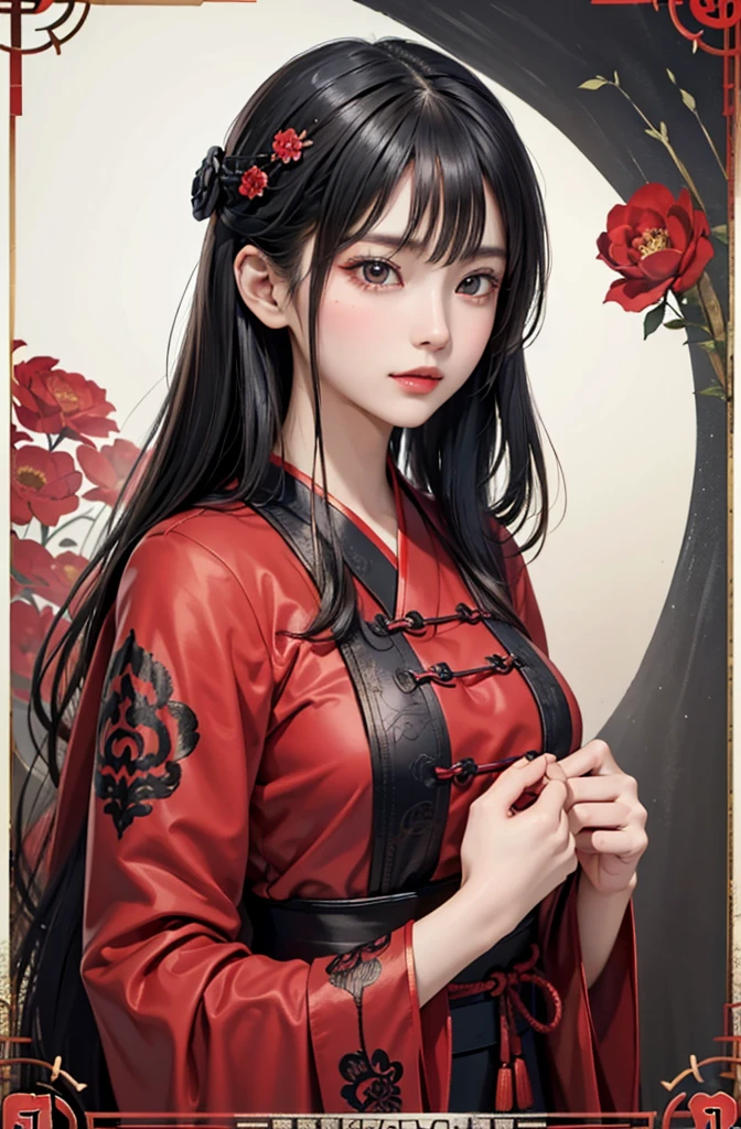 1 girl, woman, good looking, ink, Chinese Armor, ((2.5D)), Black Hair, Floating Hair, Delicate eyes, Antique black and red damask patterned Hanfu, Fob, (1 1 1.8), (masterpiece), (Portrait Shot), Front shot, White Background, (Movie Posters)