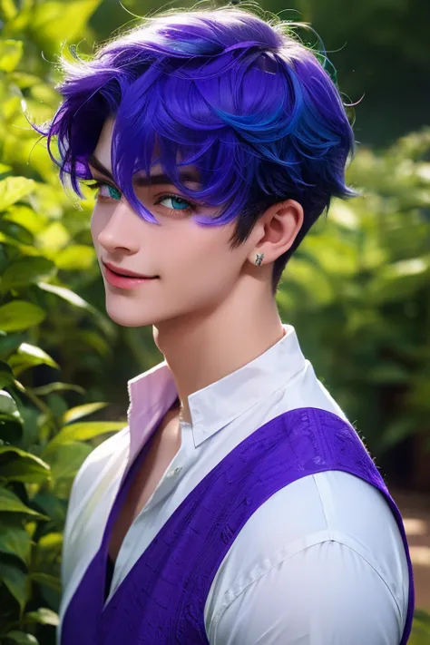 a boy with mid-length purple-blue hair, green eyes, a delicate and happy face, best quality, 16k