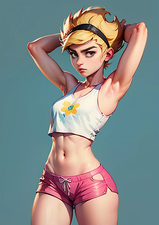 masterpiece, high quality, highres, absurdres, booty shorts. mandy, blonde hair, short hair, black eyes, black headband, sharp hair, ,expressionless, pink camisole crop top, 1girl, ((medium breasts, arms raised)), interesting background