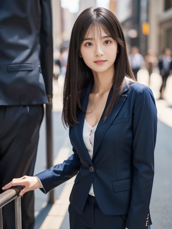 ((whole body:1.4, Highest quality)), (Realistic photos:1.4), ((1 girl)), Shiny black hair, bangs, (Straight hair :1.5), (超High resolution:1.2), Very delicate and beautiful, wonderful, Highly detailed CG Unity 8K wallpapers, Very detailed, High resolution, Soft Light, Japanese,alone, (26 years old:1.4), Famous Japanese actresses, ((Round face:1.4)), Beautiful detailed girl, Very detailed目と顔, Beautiful and detailed nose, Beautiful and beautiful eyes, (Dark blue business suit, Tapered trousers:1.4), Cinema Lighting, Perfect Anatomy, (Fat:0.8), Long, slender legs, Was nervous, (Glass Skyscraper:1.3), (Clear winter blue sky:1.4), (A beautiful form with an inorganic feel), Cool look, Wearing glasses, topless, nipples visible、