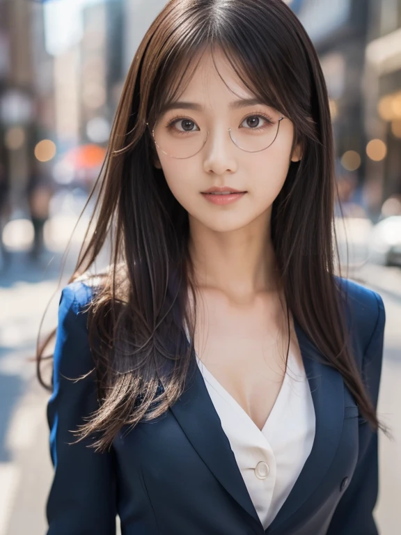 ((whole body:1.4, Highest quality)), (Realistic photos:1.4), ((1 girl)), Shiny black hair, bangs, (Straight hair :1.5), (超High resolution:1.2), Very delicate and beautiful, wonderful, Highly detailed CG Unity 8K wallpapers, Very detailed, High resolution, Soft Light, Japanese,alone, (26 years old:1.4), Famous Japanese actresses, ((Round face:1.4)), Beautiful detailed girl, Very detailed目と顔, Beautiful and detailed nose, Beautiful and beautiful eyes, (Dark blue business suit, Tapered trousers:1.4), Cinema Lighting, Perfect Anatomy, (Fat:0.8), Long, slender legs, Was nervous, (Glass Skyscraper:1.3), (Clear winter blue sky:1.4), (A beautiful form with an inorganic feel), Cool look, Wearing glasses, topless, nipples visible、