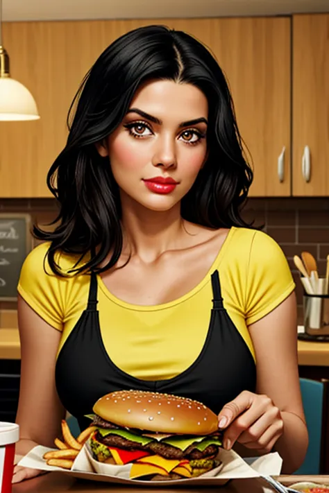 elaine,shoulder-length black hair,eyes browns, thin lips, round face, breasts big, in the kitchen eating burger and fries ,detai...