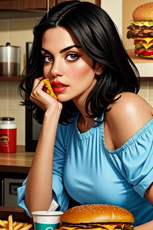 Elaine,shoulder-length black hair,eyes browns, thin lips, Round face, breasts big, in the kitchen eating burger and fries ,detailed artwork.