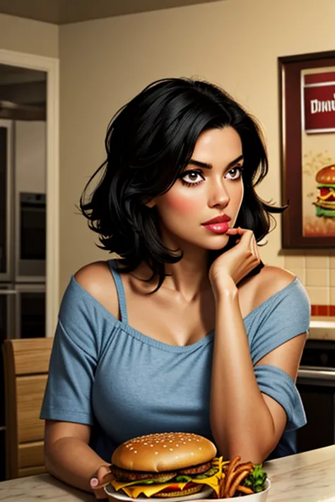 elaine,shoulder-length black hair,eyes browns, thin lips, round face, breasts big, in the kitchen eating burger and fries ,detai...