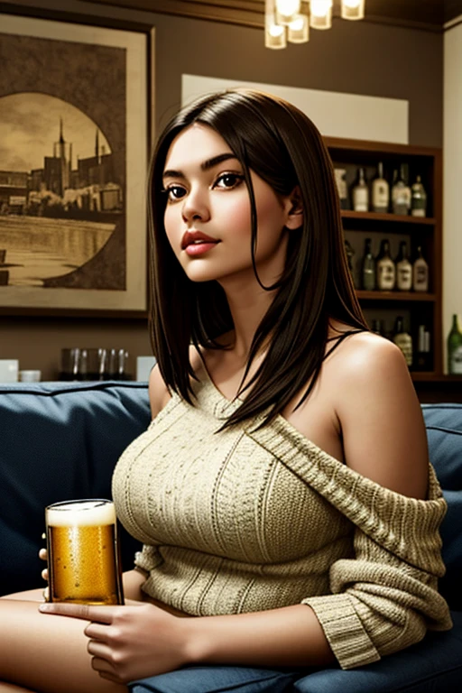 a girl with dark shoulder-length hair, brown eyes, thin lips, round face, large breasts, sitting comfortably on a sofa in a living room, beer bottles beside her, detailed art