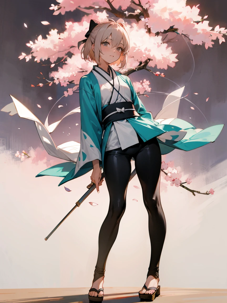 {Extremely detailed 8K wallpaper}, {masterpiece}, {Best Quality}，Alone，full body shot，okita souji，short hair, kimono，Haori Cerezo, cherry tree, sensual, leggings