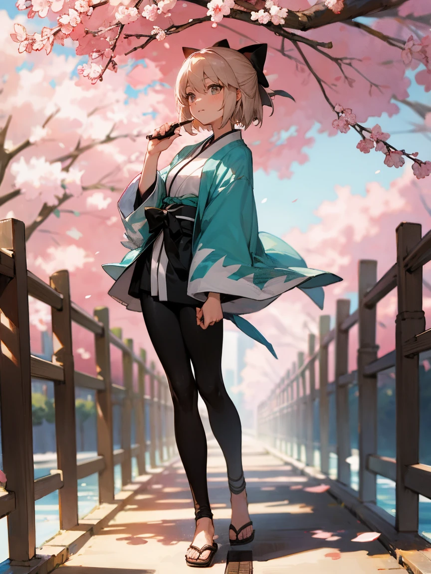 {Extremely detailed 8K wallpaper}, {masterpiece}, {Best Quality}，Alone，full body shot，okita souji，short hair, kimono，Haori Cerezo, cherry tree, sensual, leggings