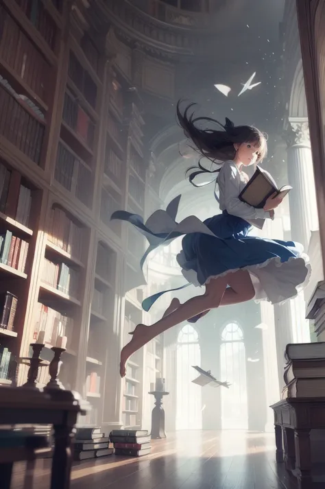 1girl, in an old library, books floating, books flying around, magic circle at the back,
 lib_bg,  slg, books flying in the air,