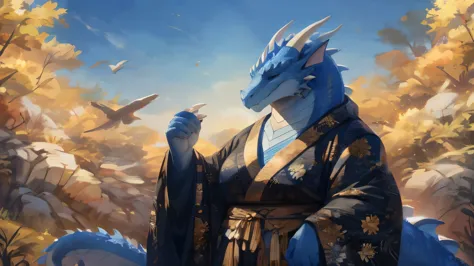 a big fat old dragon, humanoid, with blue scales, serene gaze, wearing a black kimono with white and gold details 