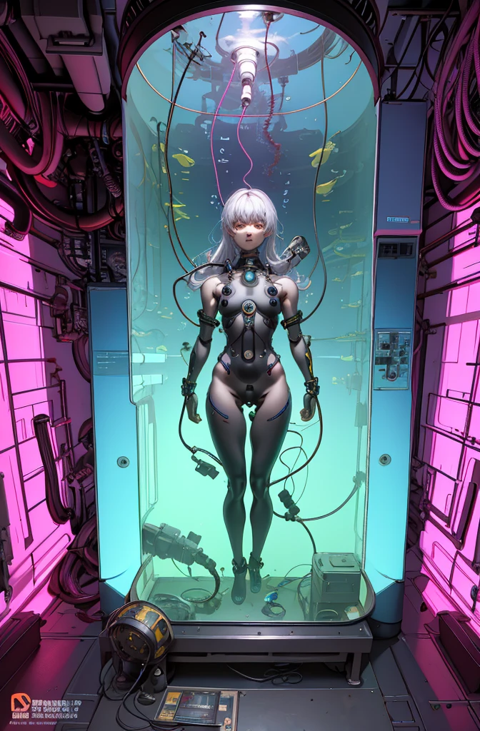 (Masterpiece 1.3, Highest quality, Highest Resolution, Official Art, Overwhelmingly beautiful: 1.2), Very detailed, colorful, (Very detailedな: 1.1), (Very detailedなCGイラスト), ((Very delicate and beautiful) ), Cinematic Light, Cultivation tank, Place the culture tank in the aquarium,(1 girl), alone, Long hair floating, (Underwater:1.2), bubble, (Mechanical bodysuit:1.3), anklet, Freediving, (whole body: 1.1), Mechanical joint, Tube blood vessels connected to the back, Countless cables,Metal body、Suspension jointuscles and metal mechanical vertebrae attached to the back, A mechanical neck attached to the neck, Expressionless, Wires and cables attached to the neck, Wires and cables in the head, bolt, pipe, (Character Focus:1.3), sf