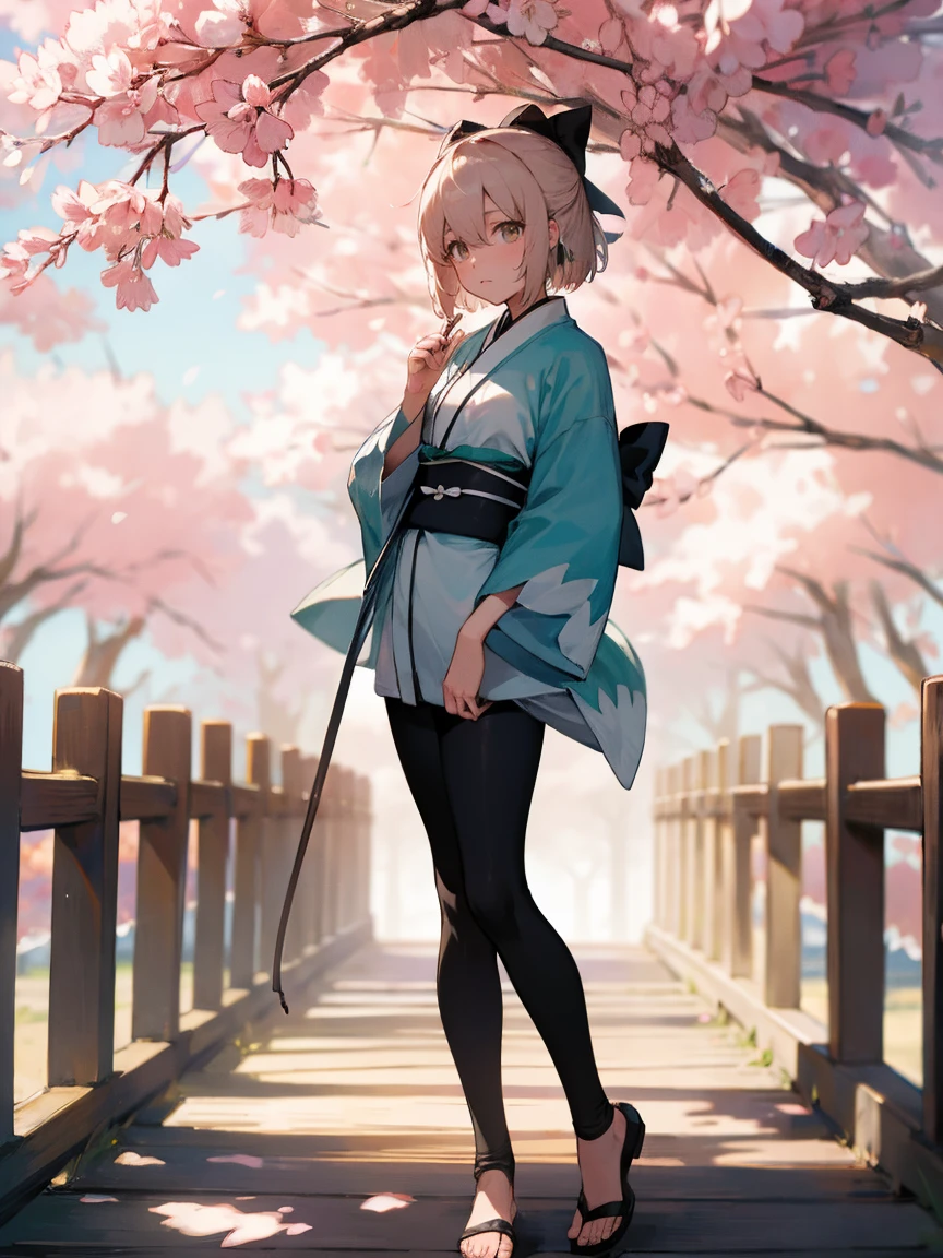 {Extremely detailed 8K wallpaper}, {masterpiece}, {Best Quality}，Alone，full body shot，okita souji，short hair, kimono，Haori Cerezo, cherry tree, sensual, leggings