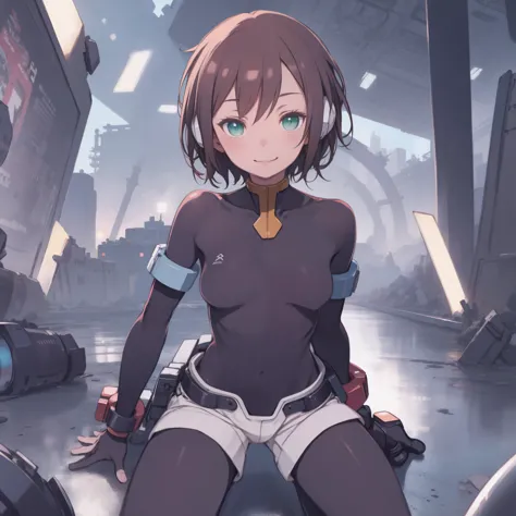 aile_megamanzx, kneeling with one hand on the ground and the other arm raised, 1girl, solo, short hair, brown hair, short sleeve...