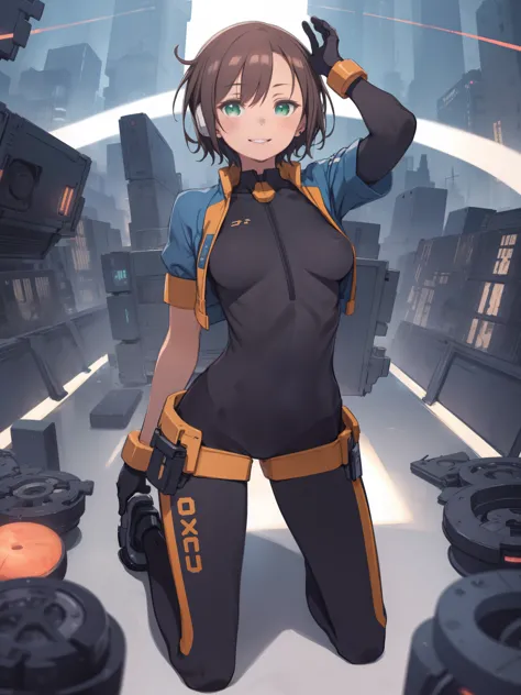 aile_megamanzx, kneeling with one hand on the ground and the other arm raised, 1girl, solo, short hair, brown hair, short sleeve...