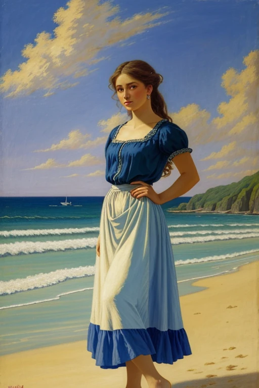 Painting of a woman in a blue shirt and red skirt standing on the beach, inspired by Théodore Chasseriau, Karol behind UHD, by Vincent Lefevre, fully dressed. sexy painting, inspired by Pierre Auguste Cot, Michael Whelan e Karol Bak, Beeple e Alphonse Mucha, Tenente Alexander Kucharsky