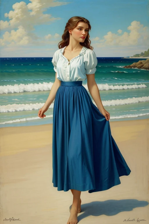 Painting of a woman in a blue shirt and red skirt standing on the beach, inspired by Théodore Chasseriau, Karol behind UHD, by Vincent Lefevre, fully dressed. sexy painting, inspired by Pierre Auguste Cot, Michael Whelan e Karol Bak, Beeple e Alphonse Mucha, Tenente Alexander Kucharsky