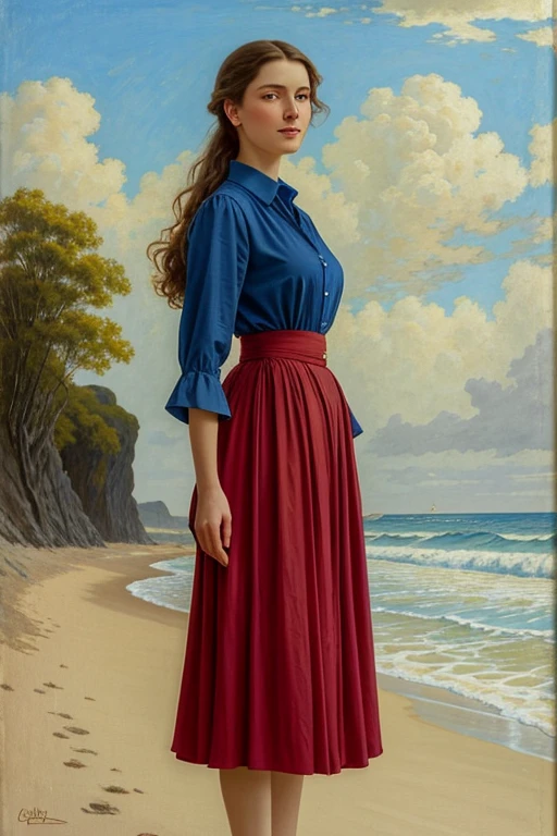 Painting of a woman in a blue shirt and red skirt standing on the beach, inspired by Théodore Chasseriau, Karol behind UHD, by Vincent Lefevre, fully dressed. sexy painting, inspired by Pierre Auguste Cot, Michael Whelan e Karol Bak, Beeple e Alphonse Mucha, Tenente Alexander Kucharsky