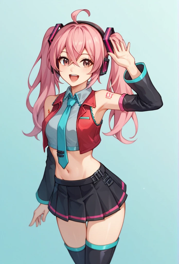 score_9, score_8_up, score_7_up,score_6_up, score_5_up, score_4_up , 1girl, solo, luka megurine, blue eyes, headphones, long hair, pink hair,, arm warmers, armband, bare shoulders, black shirt, black skirt, crop top, midriff, navel, shirt, shoulder tattoo, single arm warmer, skirt, tattoo, miku hatsune, ahoge, aqua eyes, aqua hair, crossed bangs, hair between eyes, hair ornament, headphones, long hair, twintails,, aqua necktie, black footwear, black skirt, black sleeves, boots, collared shirt, detached sleeves, grey shirt, necktie, pleated skirt, shirt, skirt, sleeveless, sleeveless shirt, thigh boots, tie clip, meiko, (brown eyes:1.5), brown hair, short hair,, bare arms, crop top, jacket, midriff, miniskirt, navel, red jacket, red skirt, skirt, sleeveless, sleeveless jacket, wrist cuffs, wrist cuff, happy, cowboy shot, simple background