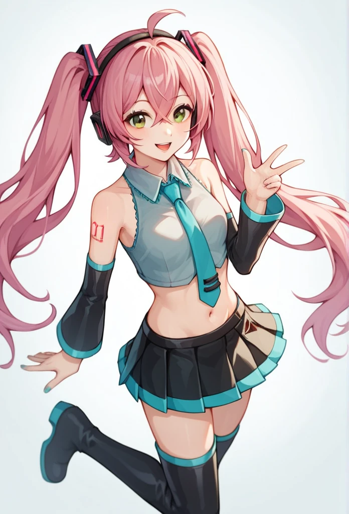 score_9, score_8_up, score_7_up,score_6_up, score_5_up, score_4_up , 1girl, solo, luka megurine, blue eyes, headphones, long hair, pink hair,, arm warmers, armband, bare shoulders, black shirt, black skirt, crop top, midriff, navel, shirt, shoulder tattoo, single arm warmer, skirt, tattoo, miku hatsune, ahoge, aqua eyes, aqua hair, crossed bangs, hair between eyes, hair ornament, headphones, long hair, twintails,, aqua necktie, black footwear, black skirt, black sleeves, boots, collared shirt, detached sleeves, grey shirt, necktie, pleated skirt, shirt, skirt, sleeveless, sleeveless shirt, thigh boots, tie clip, meiko, (brown eyes:1.5), brown hair, short hair,, bare arms, crop top, jacket, midriff, miniskirt, navel, red jacket, red skirt, skirt, sleeveless, sleeveless jacket, wrist cuffs, wrist cuff, happy, cowboy shot, simple background