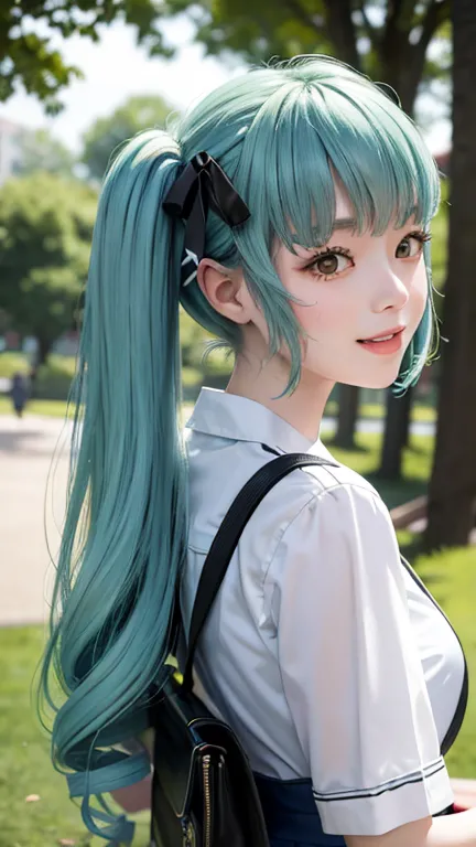 in a park , beatiful lady , twin tail , A gentle smile , She heard a voice from behind and turned around.