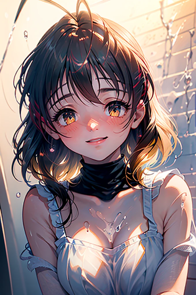 a cute wet girl in the shower, smiling, in love, detailed face, beautiful eyes, long eyelashes, detailed lips, perfect skin, wavy wet hair, steam, soap bubbles, warm lighting, pastel colors, cinematic, photorealistic, 8k, hyper detailed, nude, huge breats, red lipstick